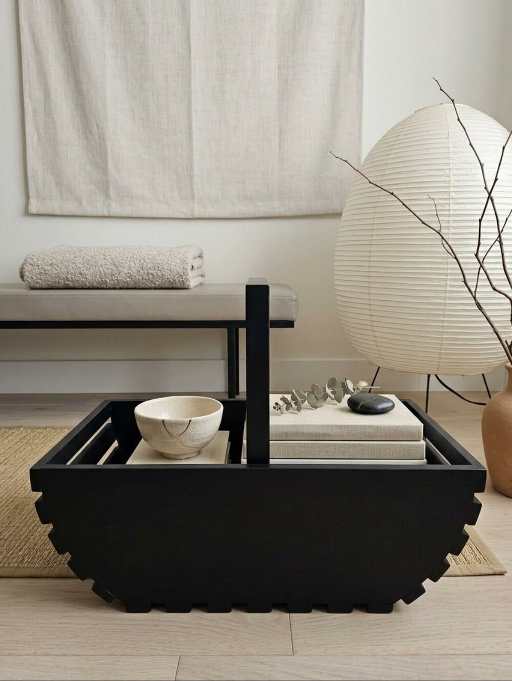 Modern Farmhouse Black Slat Wooden Fruit Basket Magazine Holder Fireplace Caddy